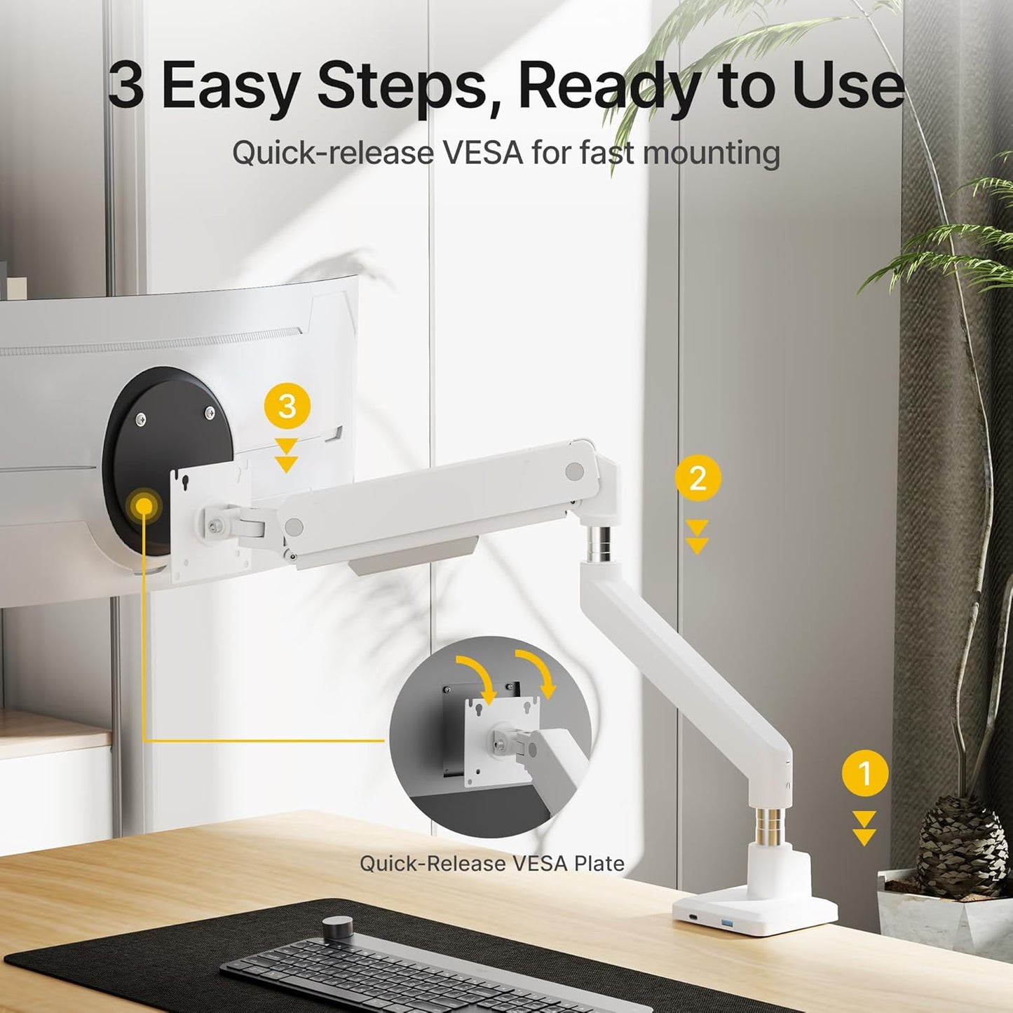 monTEK Single Monitor Arm with USB for Max 45 Inch Ultrawide Screens Adjustable Monitor Desk Mount Holds 35 Lbs Cable Management with C Clamp/Grommet Desk Mount, VESA 75/100mm, MA1007UCWH