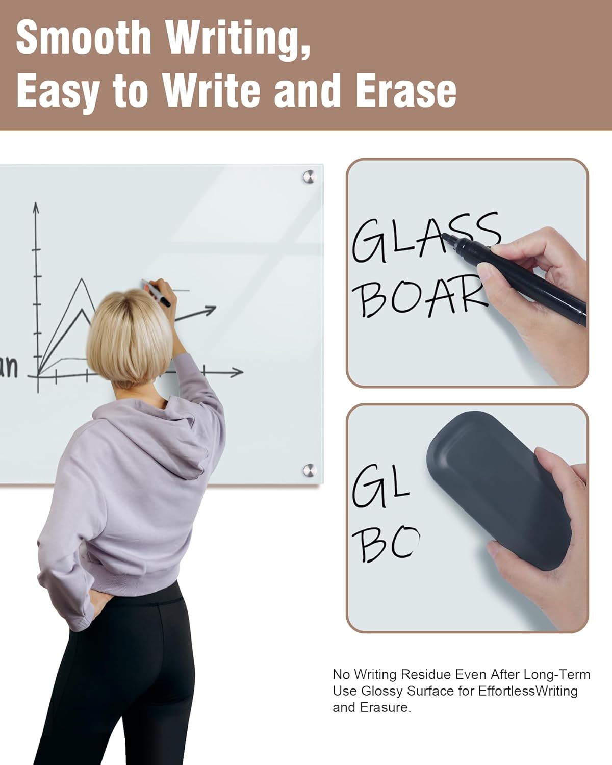 Magnetic Glass Whiteboard，36"x24" Wall Mounted Frameless Dry Erase Board for Office, Home & School White