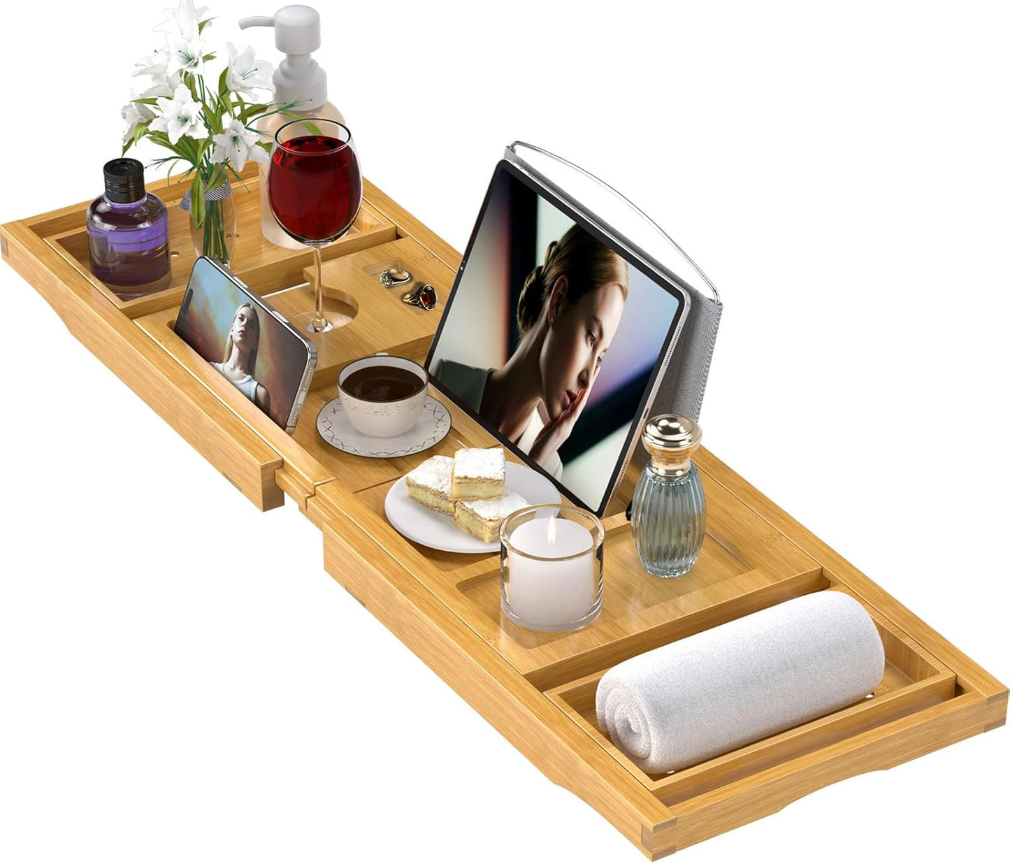 Bathtub Tray Caddy, Expandable Bath Trays for Tub, Bamboo Shelf & Table with Wine Glass Holder,Bathroom Accessories for New Home & Mothers Day & Birthday Gifts for Mom