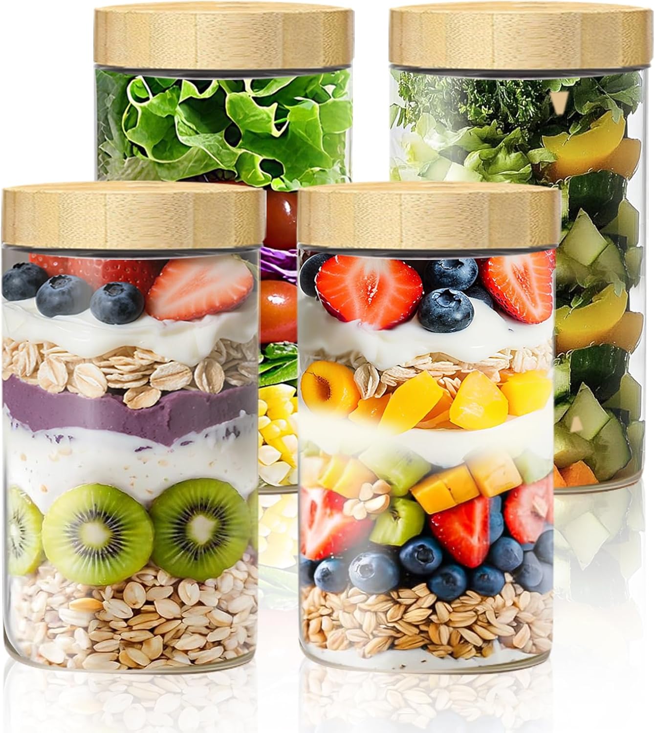 24oz Overnight Oats Containers with Bamboo Lids, Glass Jars with Airtight Lids, Wide Mouth Mason Meal Prep Jars, Food Storage Container for Yogurt Salad Chia Pudding Snacks Spice Sugar,4 Pack