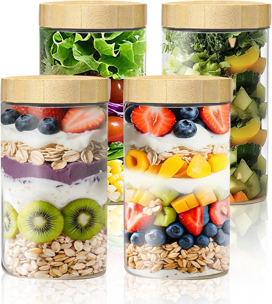 24oz Overnight Oats Containers with Bamboo Lids, Glass Jars with Airtight Lids, Wide Mouth Mason Meal Prep Jars, Food Storage Container for Yogurt Salad Chia Pudding Snacks Spice Sugar,4 Pack