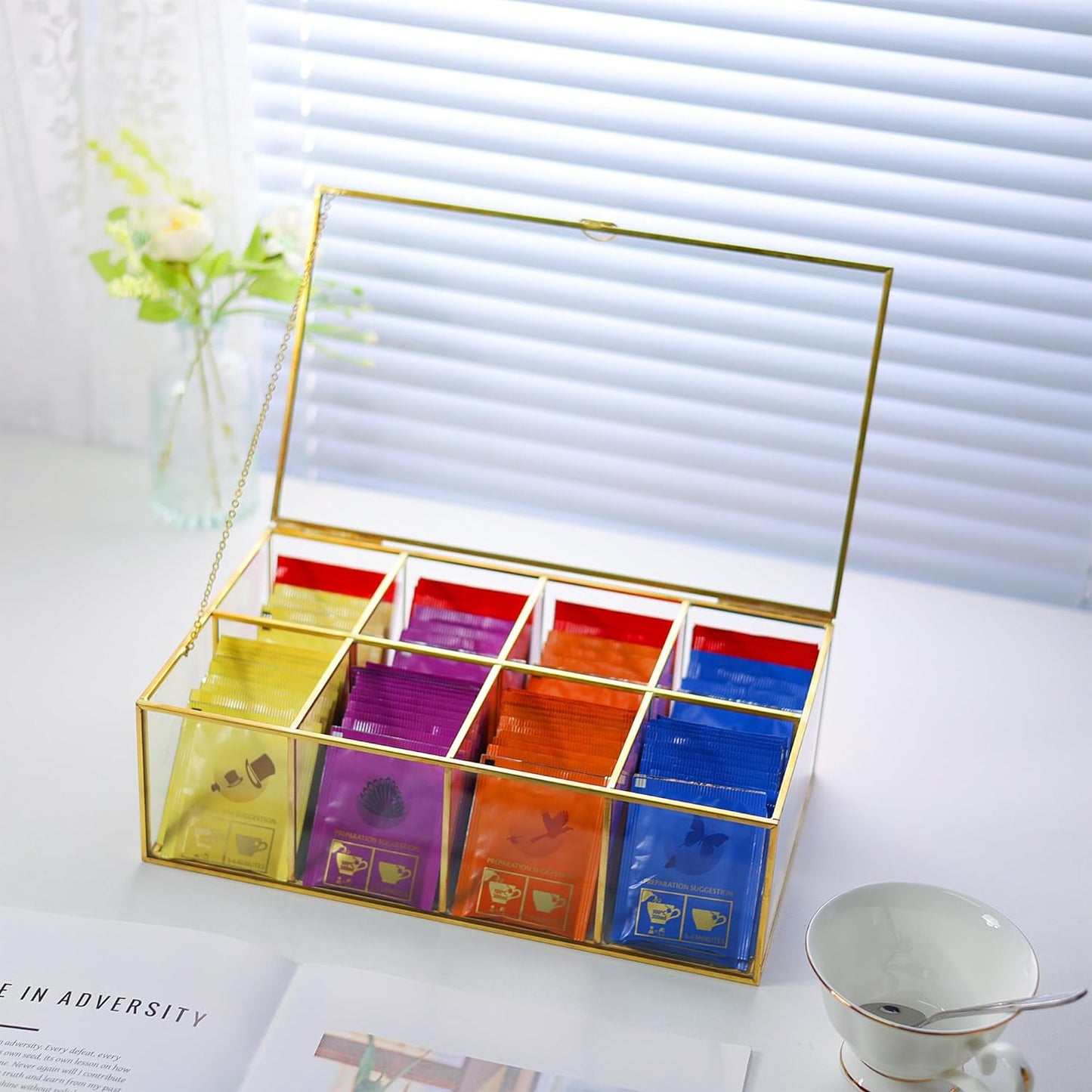 Glass Tea Bag Organizer with 8 Compartments, Handmade Large Tea Bag Storage Box for Counter Kitchen, Tea Bag Holder,Tea Storage Containers with Lid,Tea Accessories Gifts for Tea Drinkers,Gold