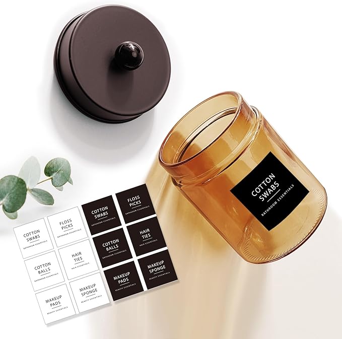 Amolliar Bronze Glass Apothecary Jar With Metal Lid & Stickers, Bathroom Qtip Holder Dispenser Storage Canister, Perfect for Cotton Balls, Cotton Swabs, Makeup Pads, Bath Salt, Floss, 2 Pack (Bronze)