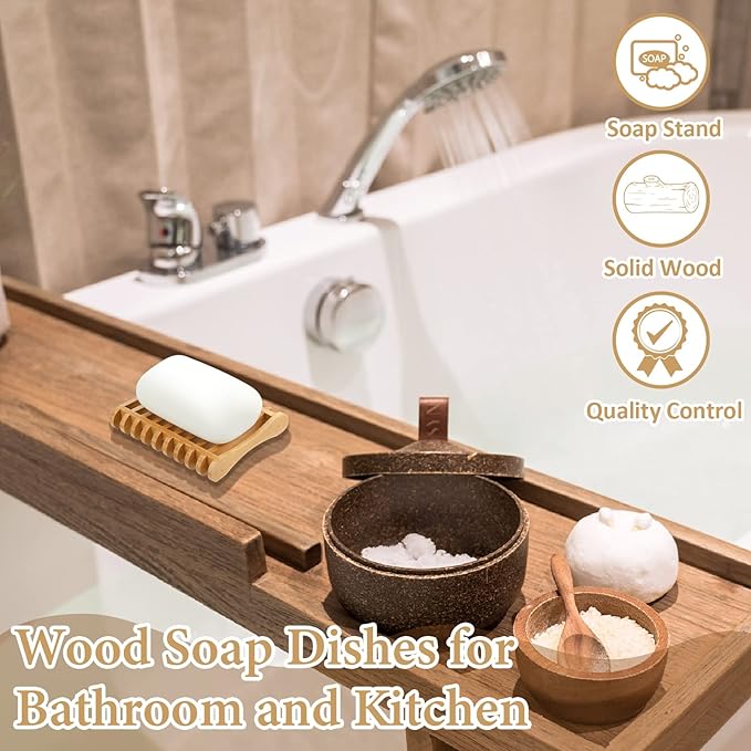 Suclain 3 Pieces Bamboo Soap Dishes Self Draining Wooden Bar Soap Holder for Sponge Dryer Bathroom Toilet Shower Kitchen Restaurant Counter