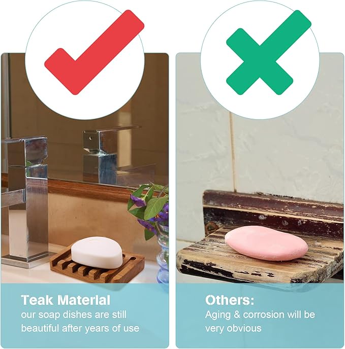 2PCS Self Draining Soap Dishes by HTB, Teak Wood Soap Holder, Soap Saver for Shower, Bathroom, Bath Tub, Kitchen Sponges, Easy Dry Extend Soap Life