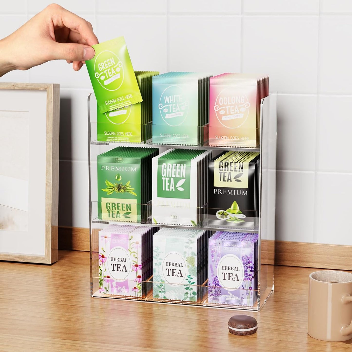 Acrylic Tea Bag Organizer, 3 Layers Tea Bag Holder for Tea Packets, No Assembly Required, Wall Mount Display Tea Caddy for Countertop or Cabinet, 9 Slots