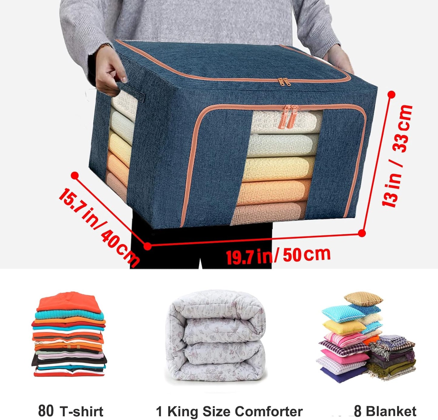 Clothes Storage Bags - Stackable Organizer with Foldable Shape Keeping Metal Frame, Zipper, Handles, Clear Window, Storage Container Box for Blanket, Sweater, Pillow Seasonal Clothing (66L x 2 Pack,
