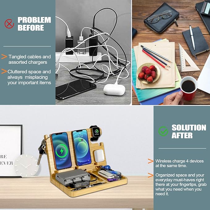 Nightstand Charging Station, 27W Fast Charging Wireless Charger Stand for iPhone/iWatch/Airpod/Samsung, Bamboo Phone Docking Station for Multi Devices, Desk Nightstand Organizer Gifts for Men