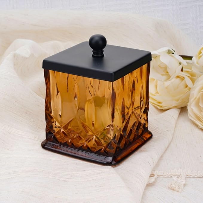 Qtip Holder,15Oz Amber Glass Apothecary Jars with Matte Black Lids for Bathroom Organization & Desk Storage,Thick Glass Apothecary Jars for Q-Tips,Cotton Rounds,Jewelry,Candy,Square