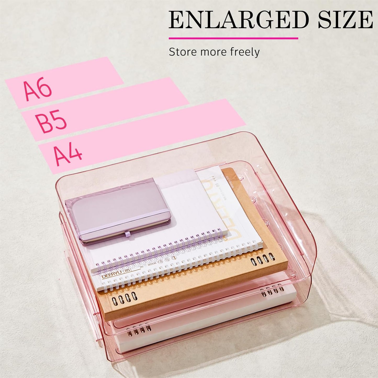 Harloon 4 Tier Acrylic Paper Tray 13 x 9.8 x 3 Inches Stackable Letter Clear Organizer No Need to Assemble Acrylic Paper Organizer File Tray for Office Workspace Desktop Storage (Transparent Pink)