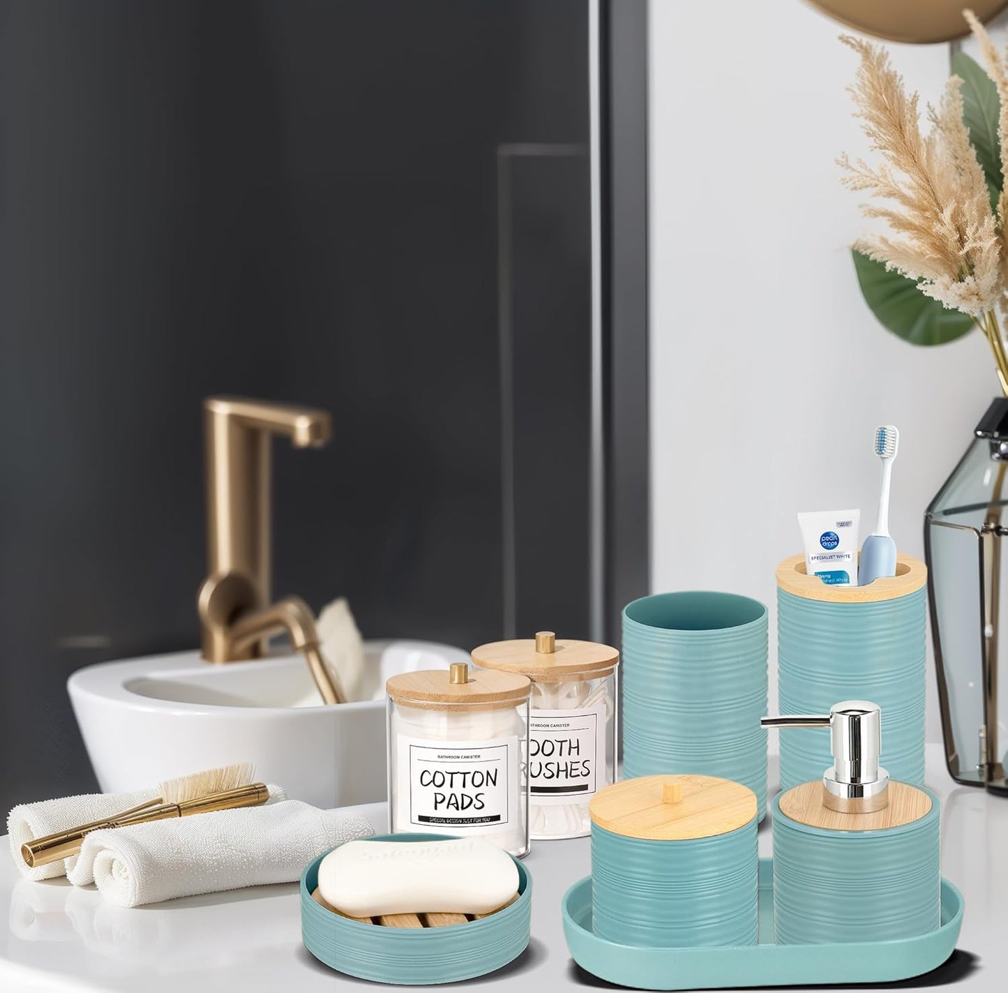 IMAVO Blue Bathroom Set,26Pcs Bathroom Accessories Set with PVC Shower Curtain,Rugs,Trash Can,Tray,Soap Dispenser,Soap Dish,Toothbrush Holder,Toothbrush Cup,Toilet Brush Holder and Qtip Holders