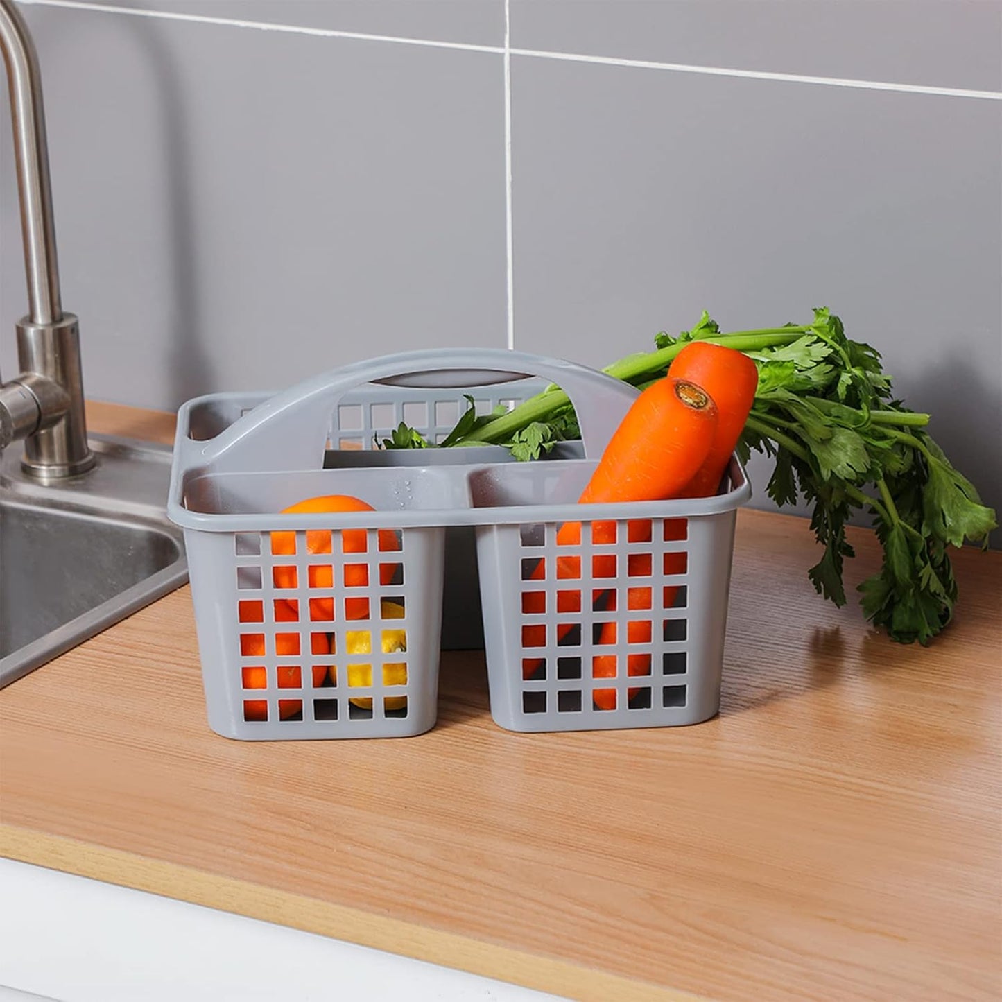 JiatuA Portable Shower Caddy Basket with Compartments Cleaning Supplies Organizer with Handle Plastic Storage Divided Tool Bin for Bathroom, Bedroom, Kitchen, College Dorm, Garden, Under Sink, Grey