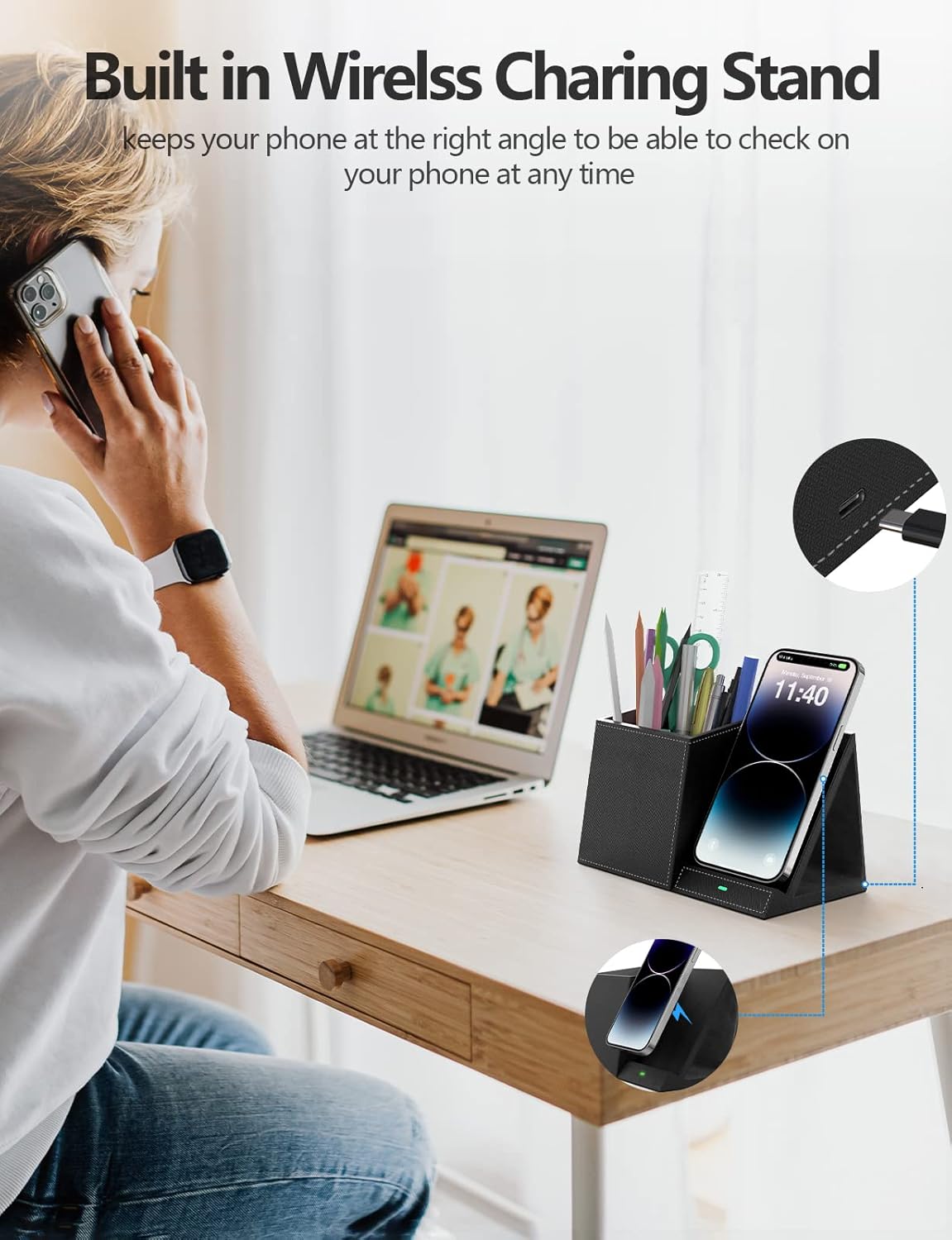 Pen Holder with Wireless Charger, Compatible with iPhone 17/16/15/14/13/12/11/8 Series, Pencil Holder Phone Stand for Desk Home Office, Men Gift Husband Wife Anniversary Dad Birthday Idea Gadget
