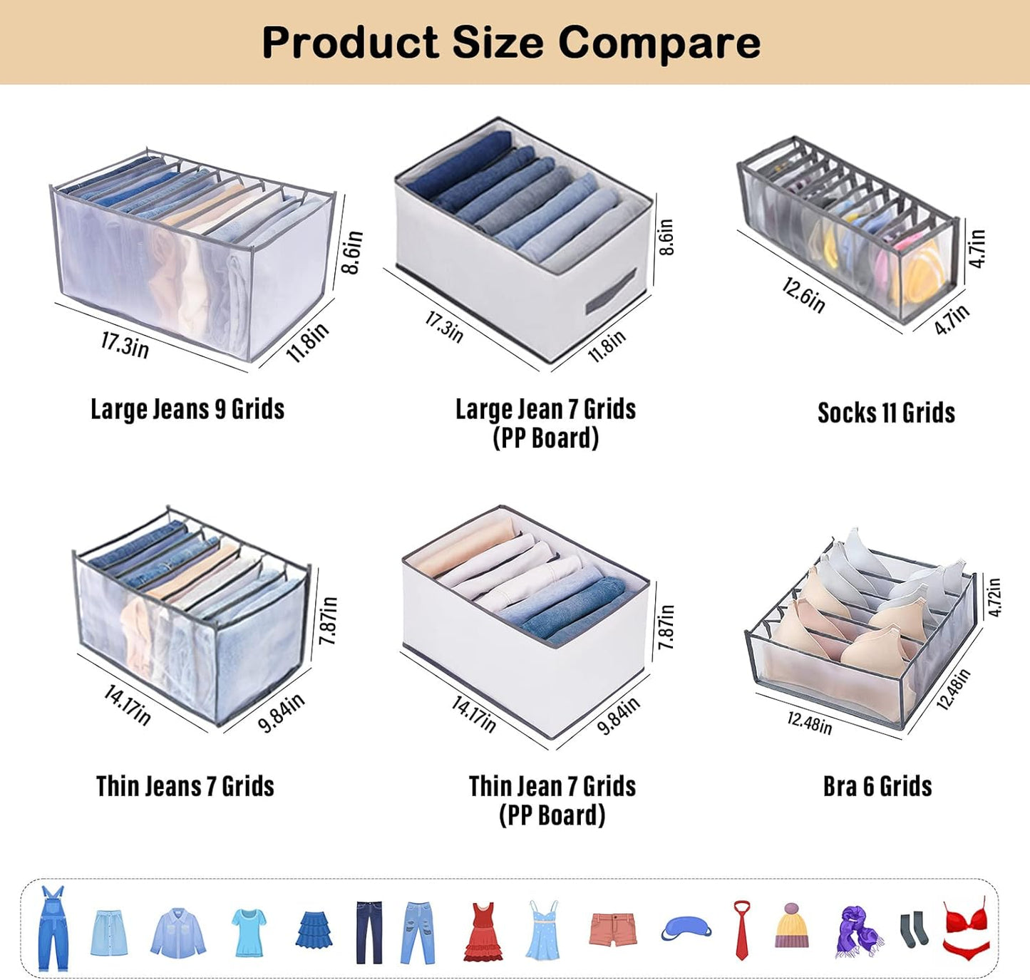 TIGARI Wardrobe Clothes Organizer for Drawers, Washable Clothes Organizer for Folded Clothes, Clothing Storage, Portable Closet Organizer for Thin Jeans, Trousers, T-shirts, Skirts (Gray)