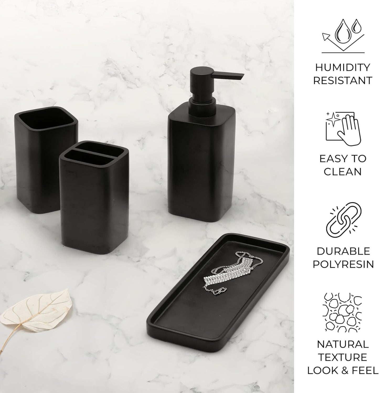 ZCCZ Matte Black Bathroom Accessory Sets, 4 Pieces Bathroom Accessories Complete Set Vanity Countertop Accessory Set, Includes Lotion Dispenser Soap Pump, Tumbler, Toothbrush Holder and Tray