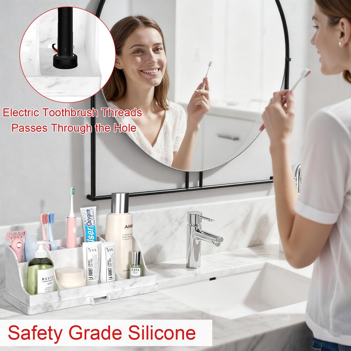 Large Size Silicone Tooth Brush Holder for Bathroom with Drainage, White Marble Toothbrush Holders, Easy Clean Bathroom Countertop Organizer Detachable Makeup Organizer for Vanity