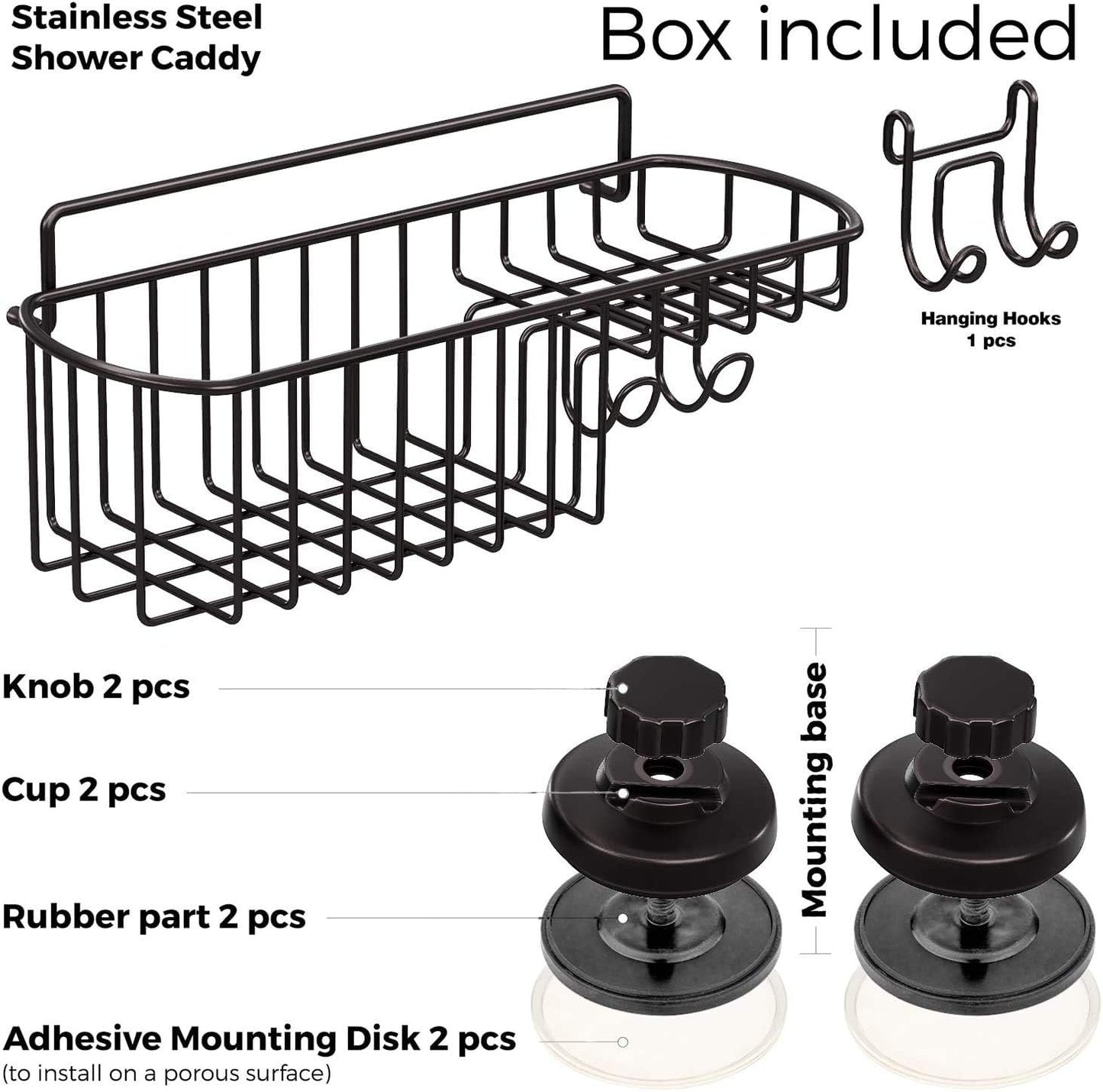 HASKO Shower Caddy Suction Cup, Shower Shelf with Soap Dish and Hooks Organizer, Suction Bathroom Shelf for Storage, Wall Mounted Basket, Black
