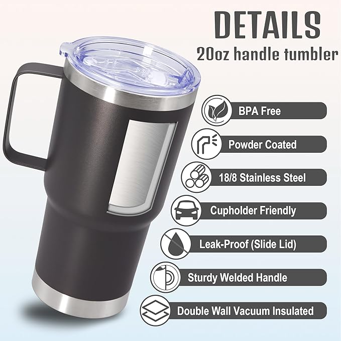 20 oz Tumbler with Handle and Lid, Stainless Steel Tumbler Insulated Travel Coffee Mug, Spill Proof Double Wall Vacuum Tumbler Cup Keep Drink Hot & Cold, Grey, 12 Pack