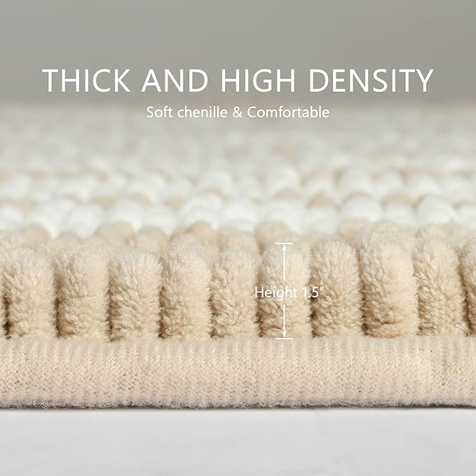 Tindbea Bathroom Rugs Set 2 Piece, Extra Soft and Absorbent Fluffy Striped Chenille Bath Mat Rug Set, Non Slip Bathroom Floor Mat, Machine Washable (20" x 32" Plus 20" x 32", Khaki)