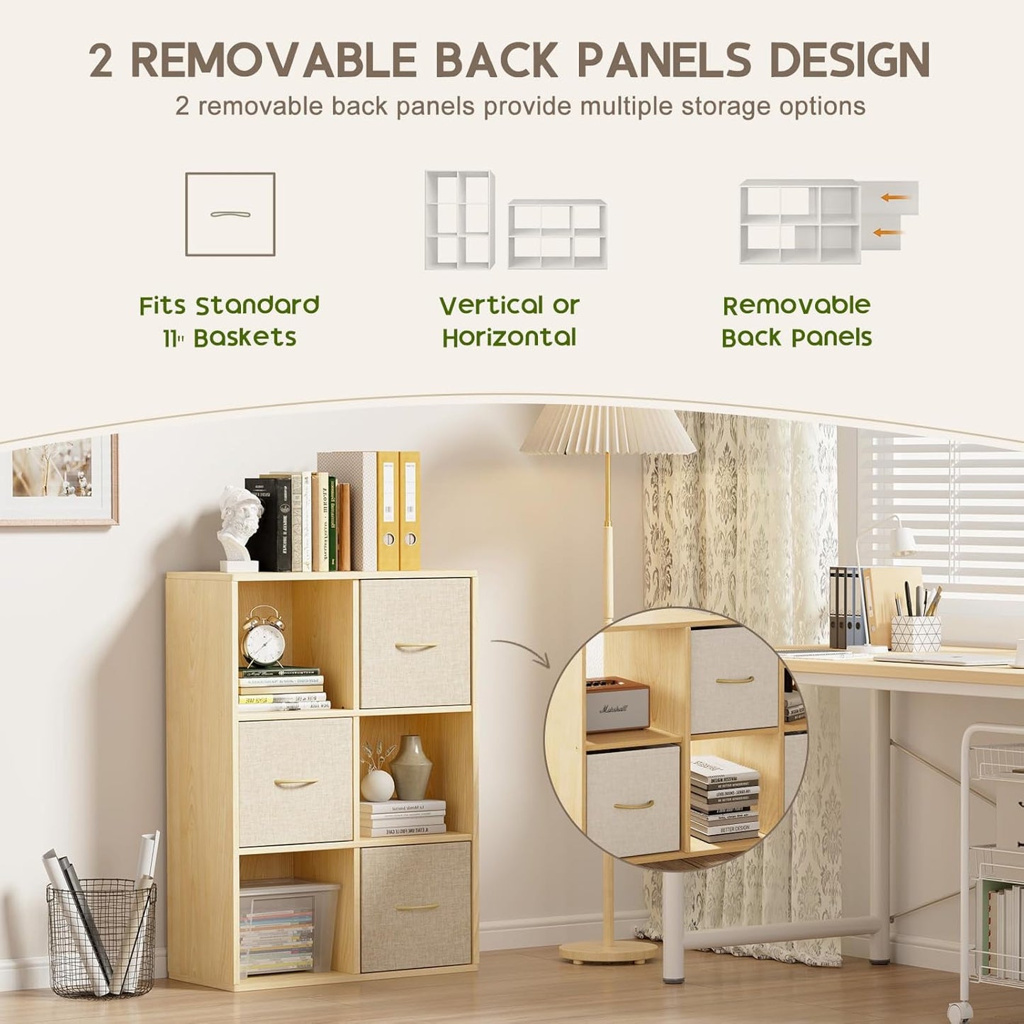 6 Cube Storage Organizer - Solid Wood Bookshelf with 3 Storage Bins, Cube Shelf with 2 Removable Back Panels, Vertical or Horizontal Bookcase, Open Book Shelf for Bedroom, Living Room, Office