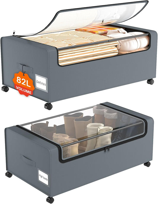 Webetop 12 inch Under the Bed Storage Bins with Clear Lid, Under Bed Storage Containers with Wheels for Underneath Small Spaces Dorms, Blankets (2 Pack, Grey, 30.7"x17.3"x12")