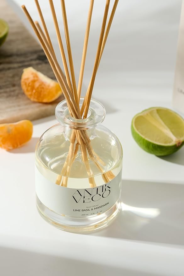 Lime Basil & Mandarin Reed Diffuser – Citrus & Herbal Diffuser for Home 6.7 fl oz – 8 Rattan Sticks – Premium Aromatherapy Oil – Elegant Glass Bottle – 90 Day Long Lasting Diffuser Set