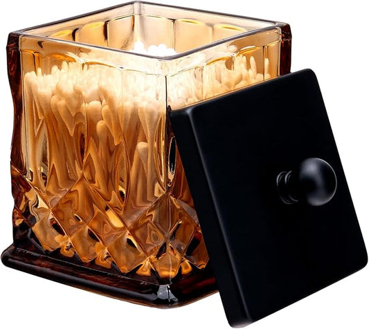 Qtip Holder,15Oz Amber Glass Apothecary Jars with Matte Black Lids for Bathroom Organization & Desk Storage,Thick Glass Apothecary Jars for Q-Tips,Cotton Rounds,Jewelry,Candy,Square