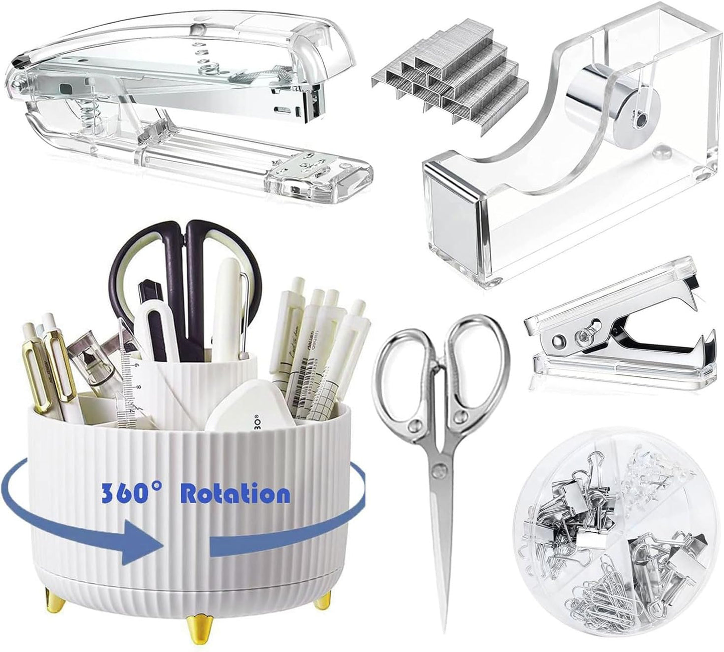 Desk Organizers and Accessories Set with 360-Degree Rotating Pen Holder, Acrylic Stapler, Tape Holder, Staple Remover, Binder/Paper Clips Kit, Scissor and 1 Box of Staples