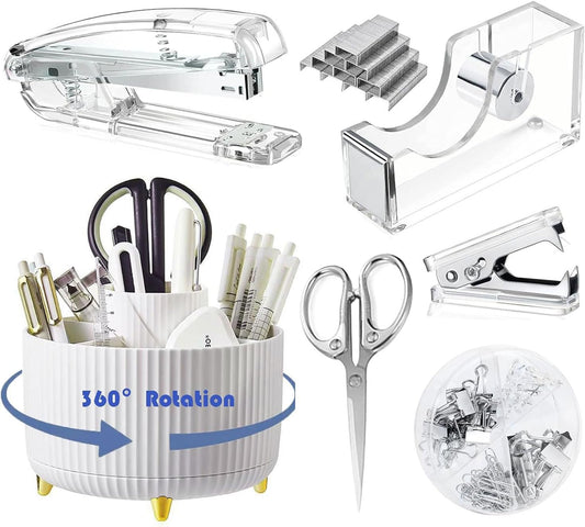 Desk Organizers and Accessories Set with 360-Degree Rotating Pen Holder, Acrylic Stapler, Tape Holder, Staple Remover, Binder/Paper Clips Kit, Scissor and 1 Box of Staples