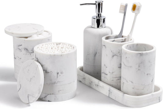 Bathroom Accessories Set, 6-Piece Bathroom Accessory Set, Toothbrush Holders Set, Soap Dispenser, Vanity Tray, Tumbler, Cotton Swab Jars, Bathroom Organizer for Modern Bathrooms (Marble White)