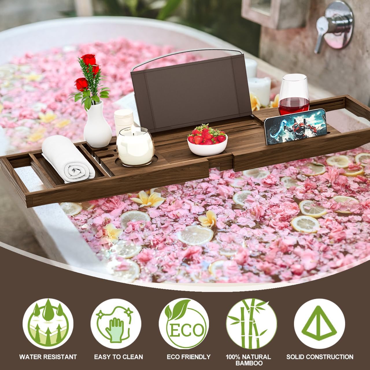 Premium Teak Bathtub Tray Caddy, Wooden Bath Caddy Trays for Bathtub, Bath Tub Wood Tray Table for Tub,Expandable Size, Fits Most Bath Tubs