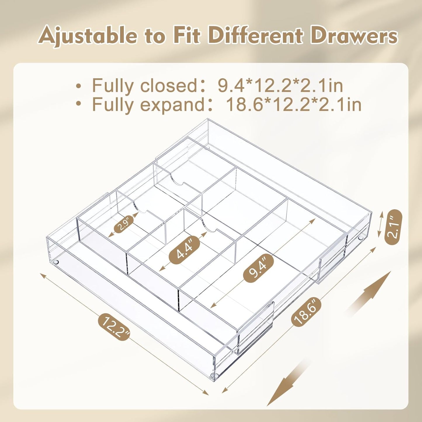 1 PC Acrylic Desk Drawer Organizer 2 Inch Height Expandable Drawer Organizer Trays with 8 Adjustable Compartments Desk Accessories for Makeup Silverware Office Bathroom(Clear,Classic)