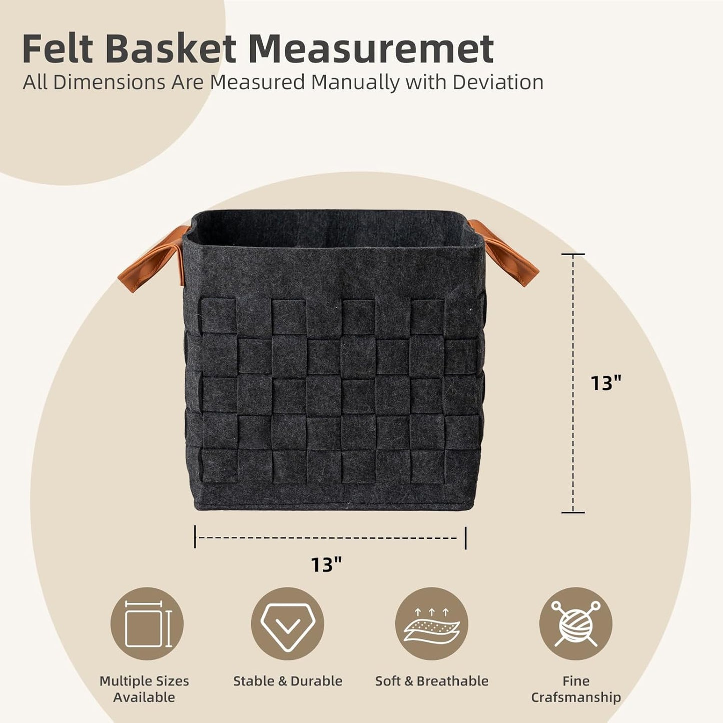 Storage Basket 3 Pack, 13" x13" x13 " Large Blanket Baskets with Leather Handle, Cube Felt Fabric Storage Box for Shelves, Bedroom, Nursery, Living Room - Dark grey