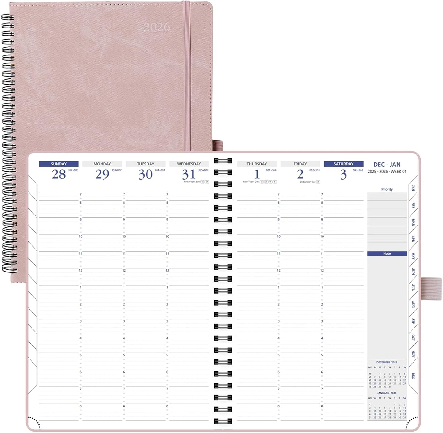 POPRUN 2026 Weekly Planner (A4-8.25'' x 11.75''), Quarter-Hourly Appointment Book (Jan. 2026 to Dec. 2026) with Monthly Tabs, Spiral Softcover, 2 Inner Pockets, Pen Holder - Pink