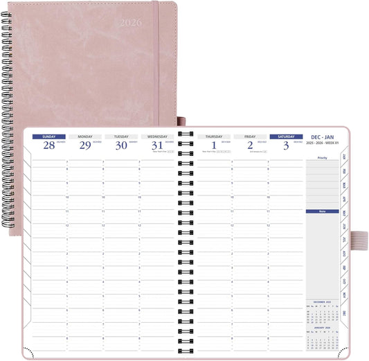 POPRUN 2026 Weekly Planner (A4-8.25'' x 11.75''), Quarter-Hourly Appointment Book (Jan. 2026 to Dec. 2026) with Monthly Tabs, Spiral Softcover, 2 Inner Pockets, Pen Holder - Pink