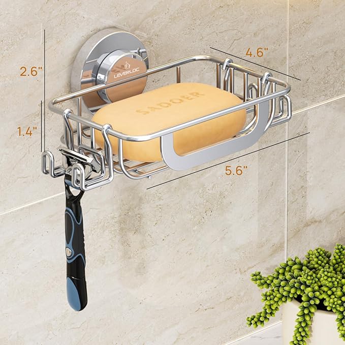 LEVERLOC Bar Soap Holder Dish with Hooks, Soap Tray Suction Cup Wall Mounted for Shower, Stainless Steel Sponge Holder Caddy for Bathroom Kitchen Sink Organizer, Rustproof, Silver