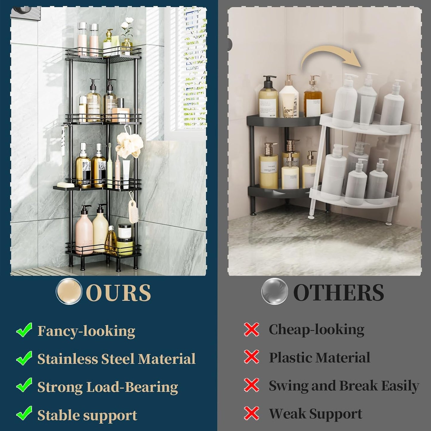 Consumest Corner Shower Caddy Standing - 4-Tier Stainless Steel Shower Organizer with Soap Holder and 4 Hooks, Large Capacity Corner Shelf Stand for Bathroom, Rest Room, Black