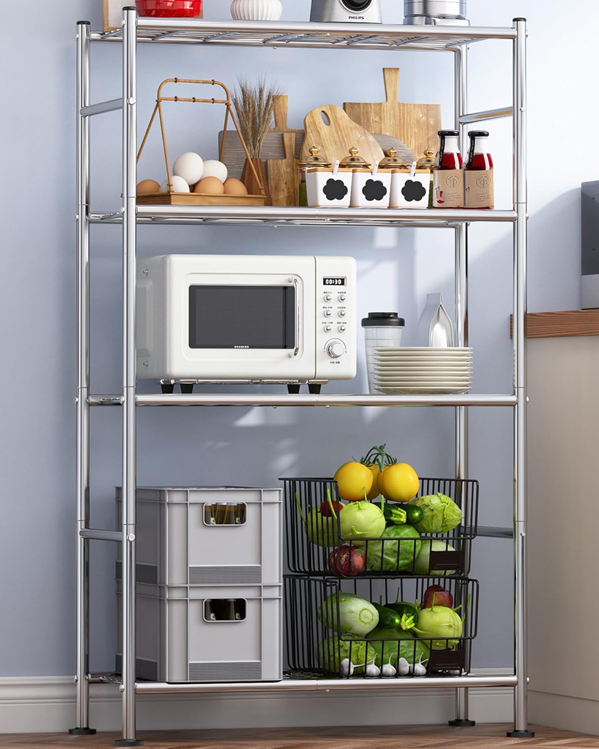Storage Shelves - 4 Tier Shelf Organizer, Heavy Duty Garage Shelving Unit with Leveling Feet, Stable Metal Shelves Organizer for Pantry, Kitchen and Closet, 33.0" W x 12.6" D x 57.2" H, Silver