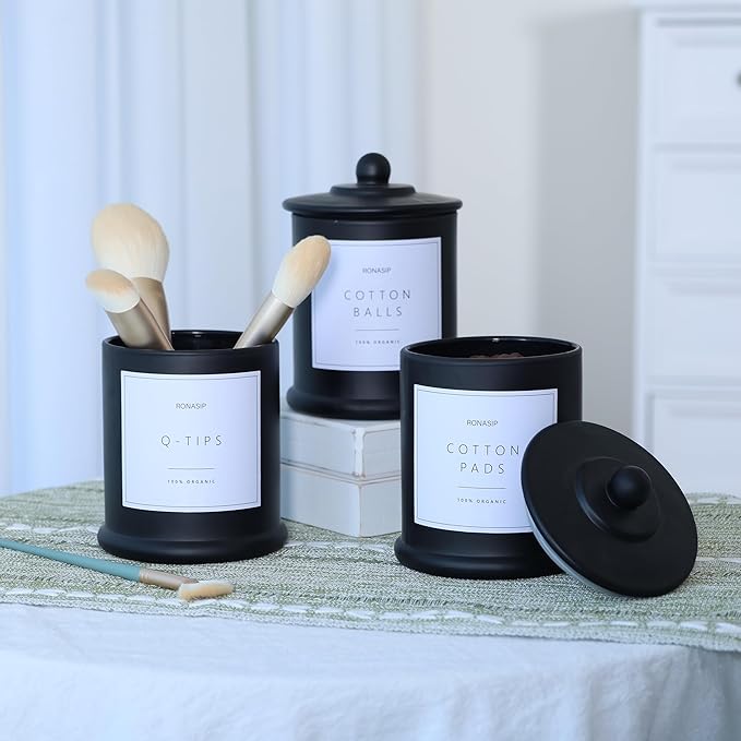 3 Pack Qtip Holder Dispenser, 16oz Bathroom Organizer and Storage Canisters, Glass Apothecary Jars with Lid - Home Decor, Room Decor Aesthetic (Black)