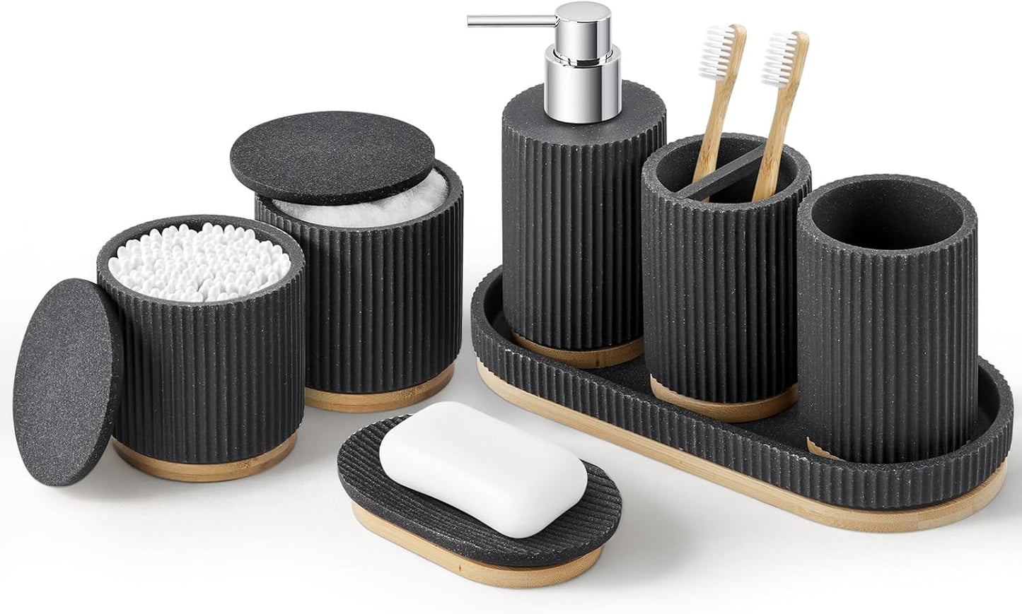Black Bathroom Accessories Set, 7PCS Resin Bathroom Set with Bamboo Base, with Soap Dispenser, Q-tip Holder, Toothbrush Holder, Tumbler, Soap Dish, Vanity Tray, Complete Bathroom Set for Modern Decor