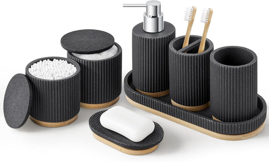 Black Bathroom Accessories Set, 7PCS Resin Bathroom Set with Bamboo Base, with Soap Dispenser, Q-tip Holder, Toothbrush Holder, Tumbler, Soap Dish, Vanity Tray, Complete Bathroom Set for Modern Decor