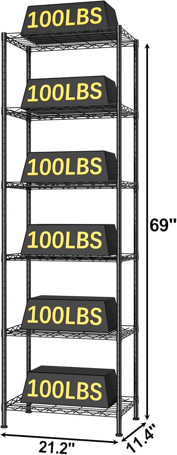HOMEFORT 6-Shelving Unit, Adjustable Wire Shelving, Metal Wire Shelf Rack Organizer for Kitchen, Pantry, Closet, Bathroom, Laundry, Black,21" W x 11" D x 69" H