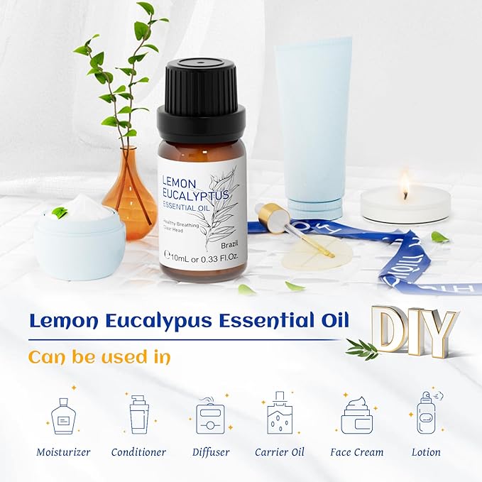 HIQILI Lemon Eucalyptus Oil, for Spary, Diffuser, Indoors, Outdoors, Garden, Yard, 100% Pure Natural - 0.33 Fl Oz