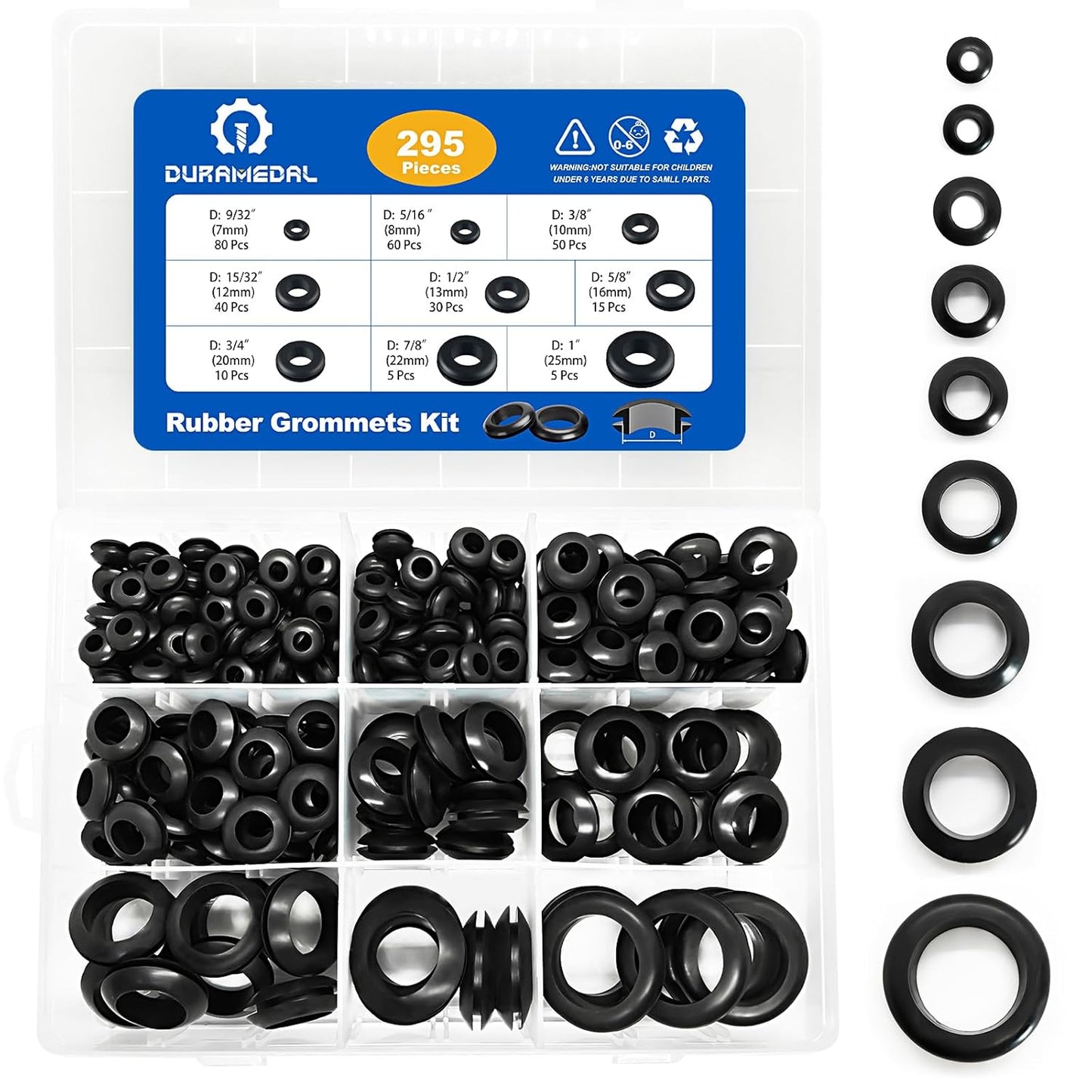 Rubber Grommet Kit 295 PCS 9 Sizes Hole Plug Rubber Grommets for Wiring- 9 Standard Sizes (9/32",5/16",3/8",15/32",1/2",5/8",3/4",7/8",1")