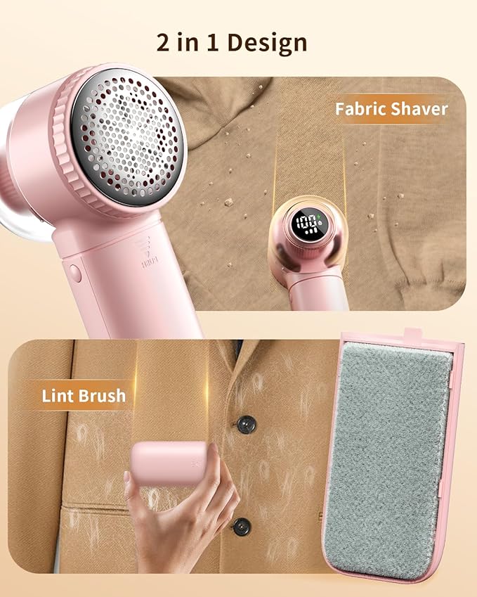 Fabric Shaver, 𝟮 𝗶𝗻 𝟭 Rechargeable Lint Remover with Brush, Large Sweater Shaver with Digital Display, 3 Speeds Lint Shaver, 6-Leaf Blades Lint Remover for Clothes, Sofa, Bedding, Pink