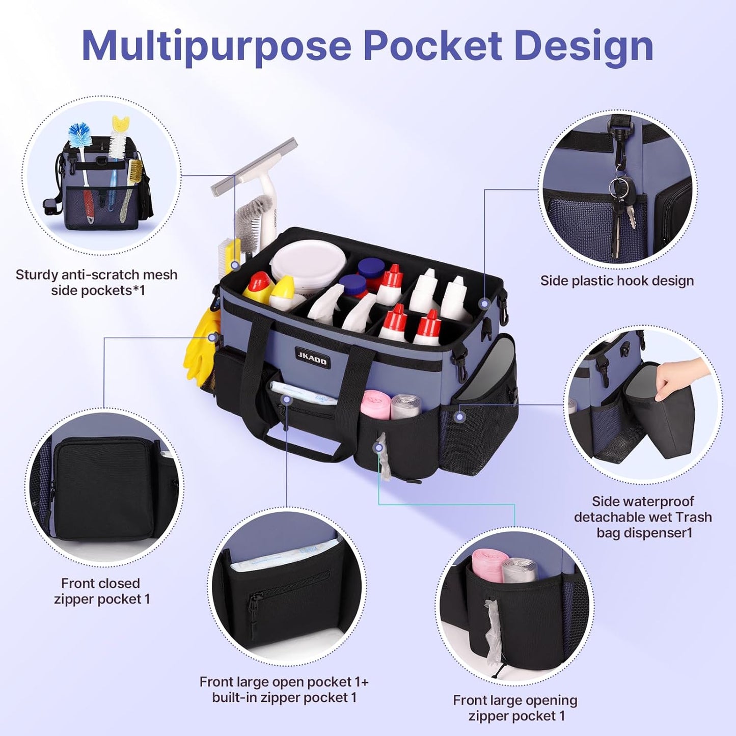 Large Wearable Cleaning Caddy Bags,Cleaning Supplies Storage Bag with Handles and Adjustable Shoulder Strap and Removable Waist Straps,Waterproof Cleaning Bags for Home,Car,Office (Denim Blue)