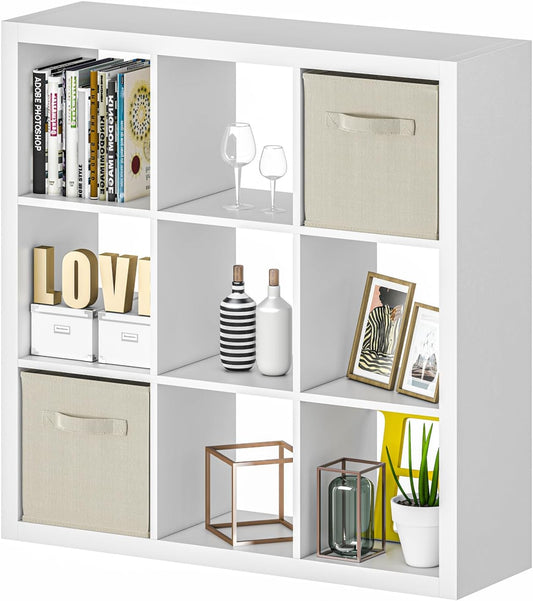 Bookshelf with Storage Bins, 9-Cube Storage Organizer Sturdy Wooden Bookcase Open Book Shelf, Multifunctional Cubicle Rack for Storages & Display, Furniture for Living Room Bedroom Office, White