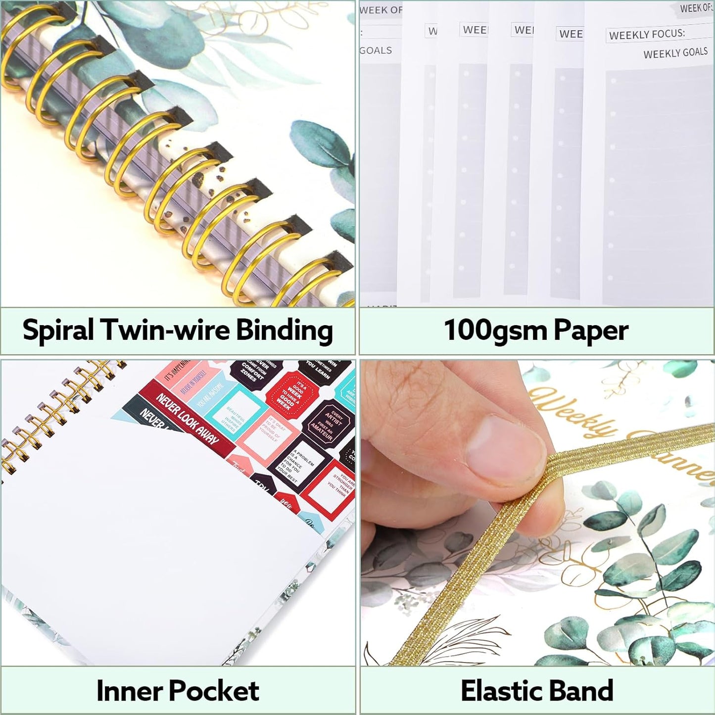 Undated Weekly Planner, A5 Weekly To Do List Notebook with Habit Tracker Spiral Binding Weekly Planner Notebook with Stickers Home Work School Supplies, Grean Leaves