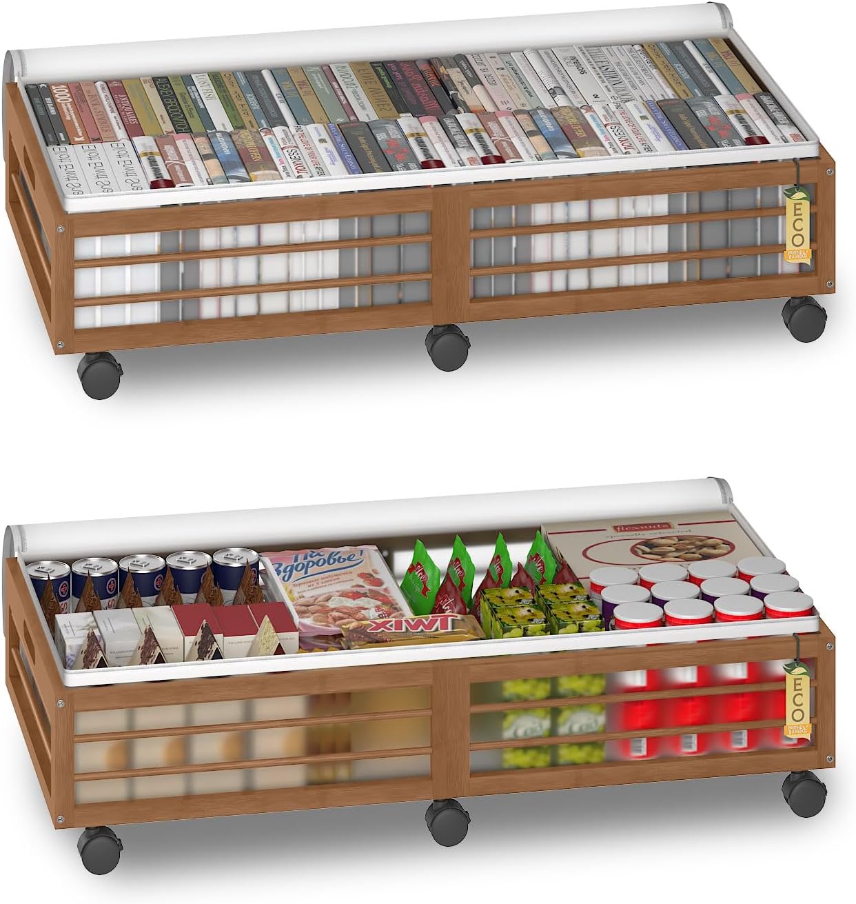 Under Bed Storage Containers with Wheels, Larger Bamboo Wood Under Furniture Storage Containers with Dust Bags，Rolling for Shoes Clothes