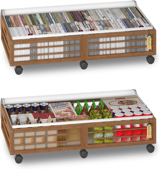 Under Bed Storage Containers with Wheels, Larger Bamboo Wood Under Furniture Storage Containers with Dust Bags，Rolling for Shoes Clothes